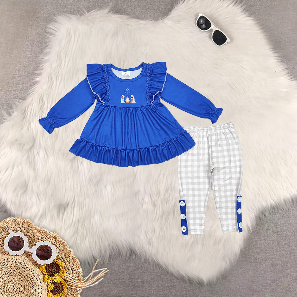 RTS NO MOQ Sibling baby girls baby boys clothes jesus blue long-sleeved trousers suit & romper