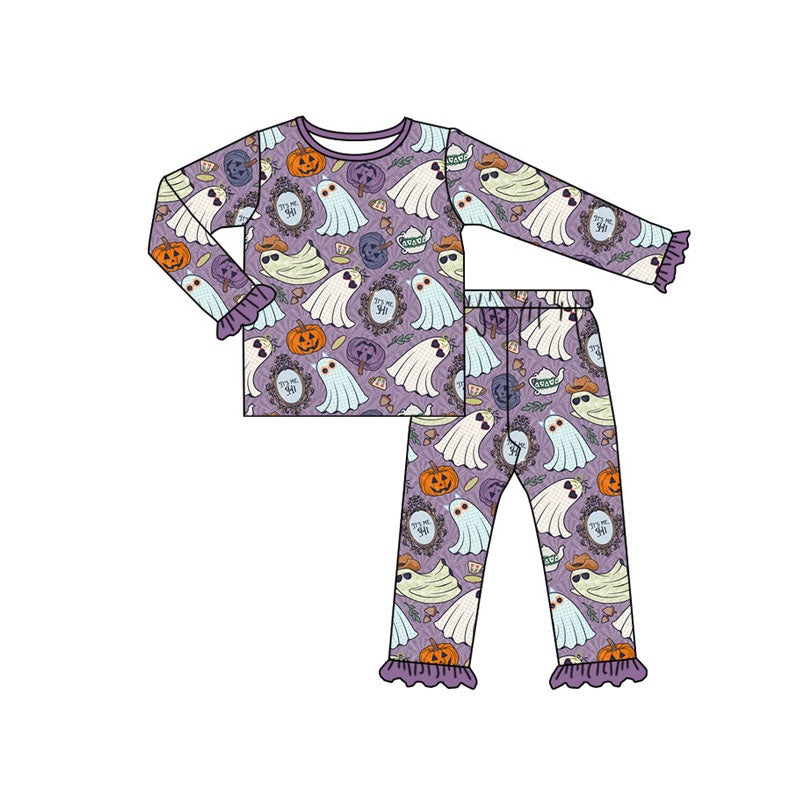 NO MOQ sales GLP1602 pre-order baby girls clothes pumpkin ghost purple long Sleeve pants Suit -2024.8.7