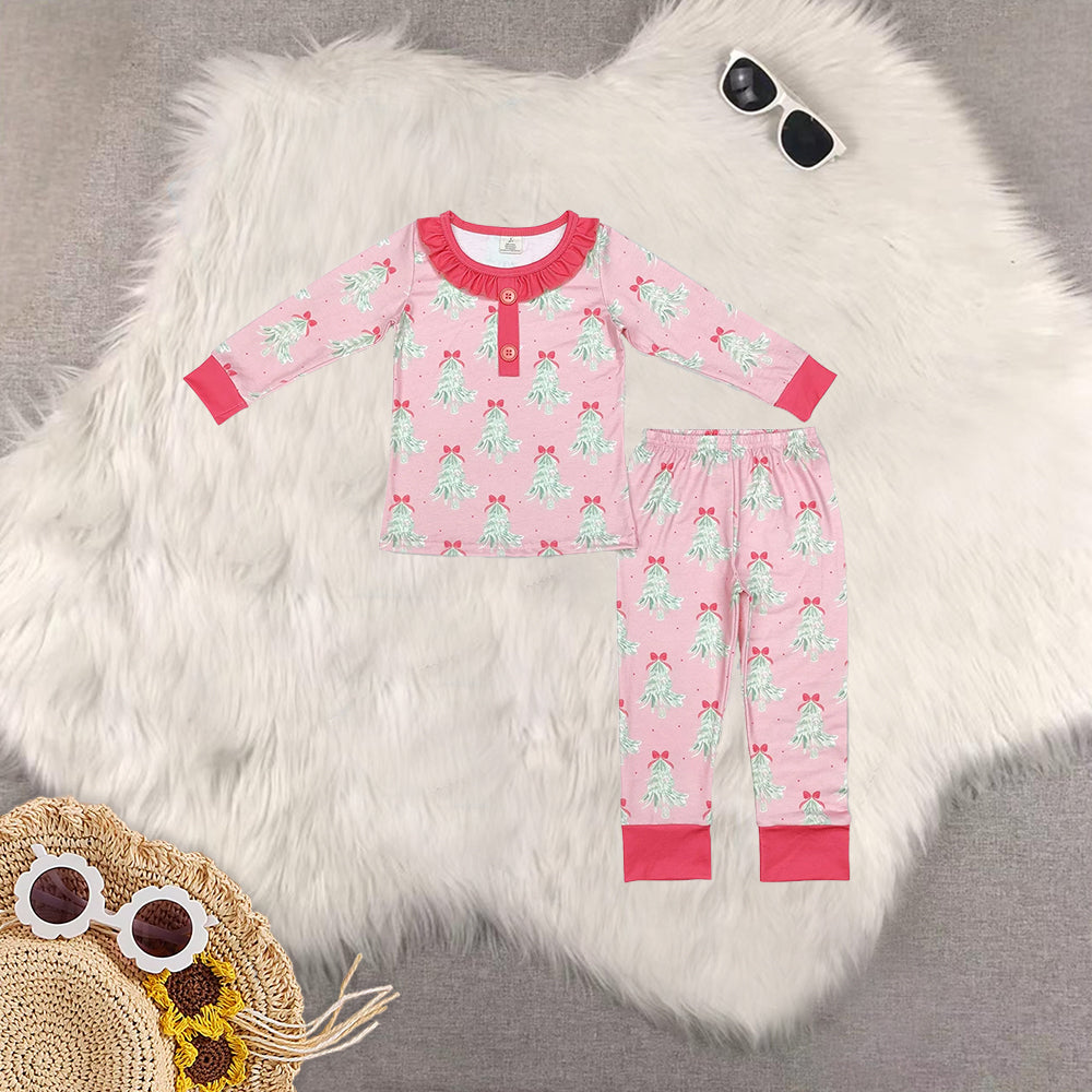 RTS NO MOQ Sibling Baby girls modal Christmas trees bow long-sleeved trousers suit & romper