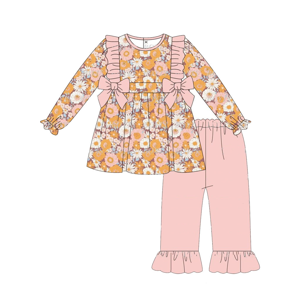 NO MOQ sales GLP1613 pre-order baby girls clothes floral orange long Sleeve pants Suit -2024.8.9