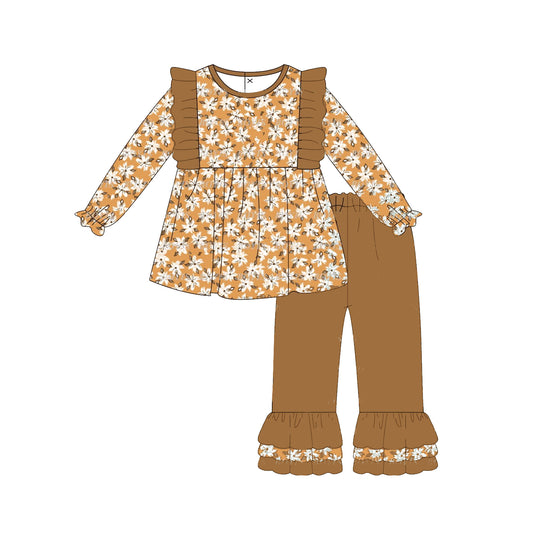 NO MOQ sales GLP1615 pre-order baby girls clothes floral brown long Sleeve pants Suit -2024.8.9