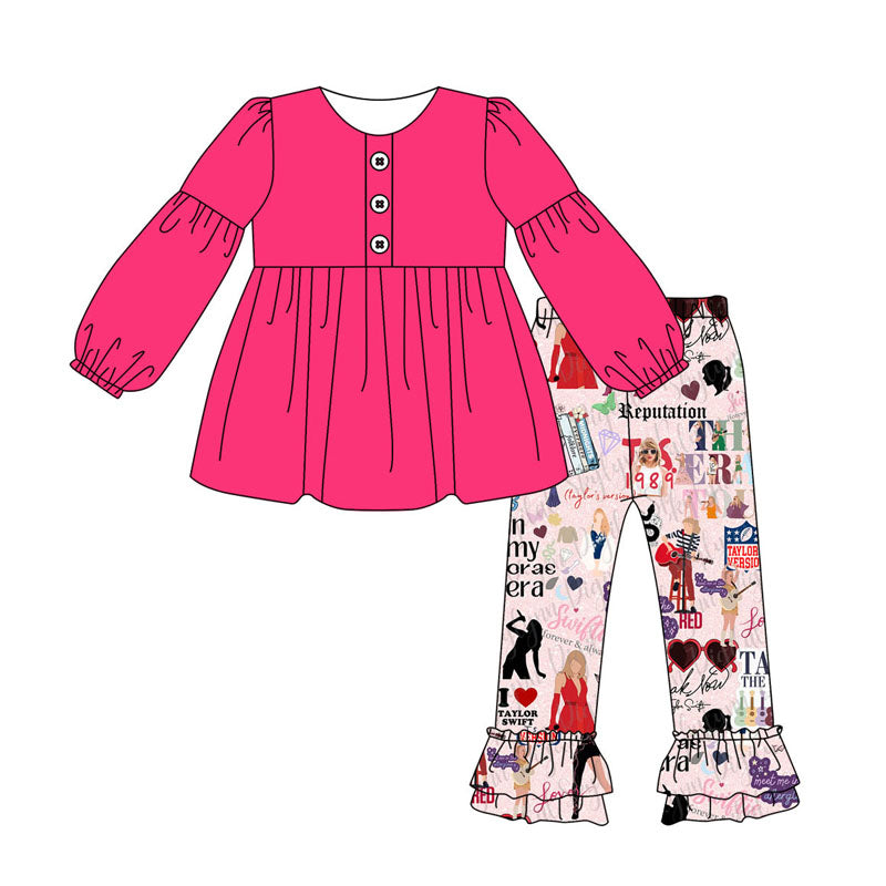 NO MOQ sales GLP1622 pre-order baby girls clothes taylor swift rose red long Sleeve pants Suit -2024.8.9