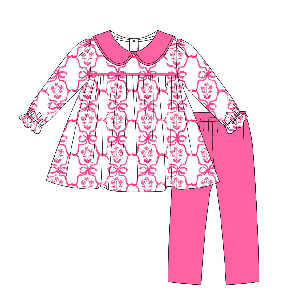 NO MOQ sales GLP1623 pre-order baby girls clothes floral bow pink long Sleeve pants Suit -2024.8.10