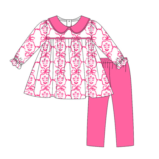 NO MOQ sales GLP1623 pre-order baby girls clothes floral bow pink long Sleeve pants Suit -2024.8.10