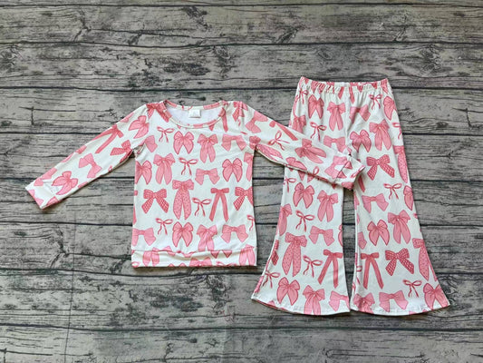 NO MOQ sales GLP1624 pre-order baby girls clothes bow pink long Sleeve pants Suit