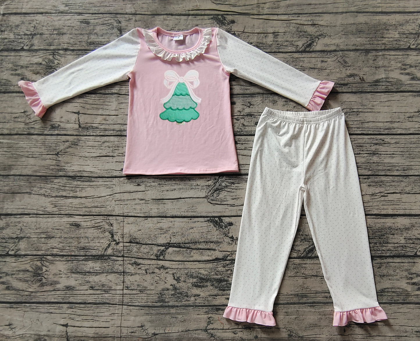 NO MOQ sales GLP1628 pre-order baby girls clothes embroidery Christmas trees pink long Sleeve pants Suit