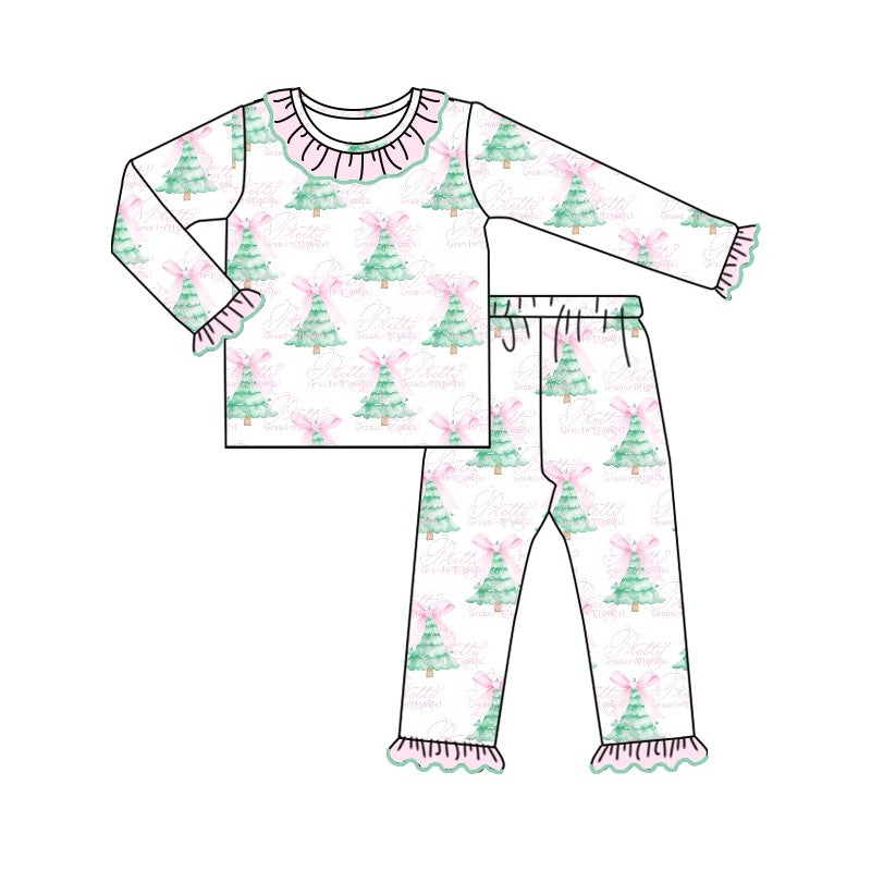 NO MOQ sales GLP1630 pre-order baby girls clothes Christmas trees pink long Sleeve pants Suit -2024.8.10