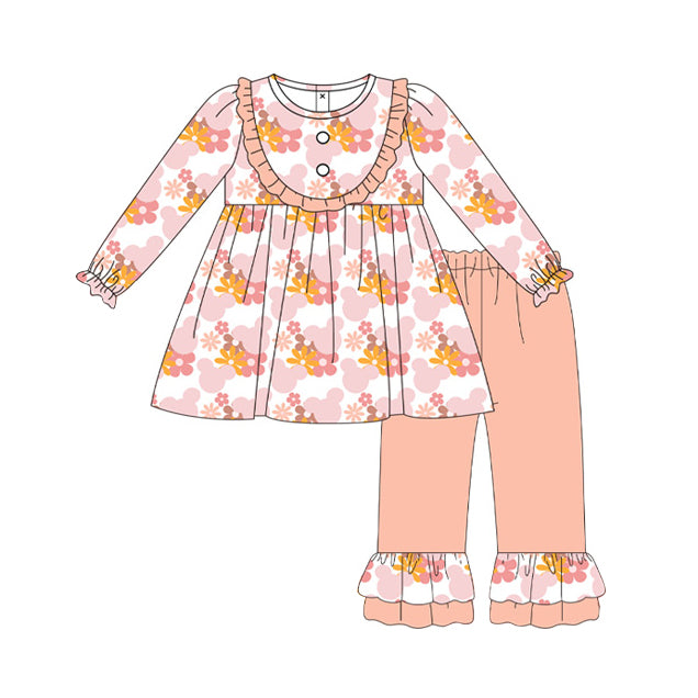 NO MOQ sales GLP1632 pre-order baby girls clothes floral pink long Sleeve pants Suit -2024.8.12