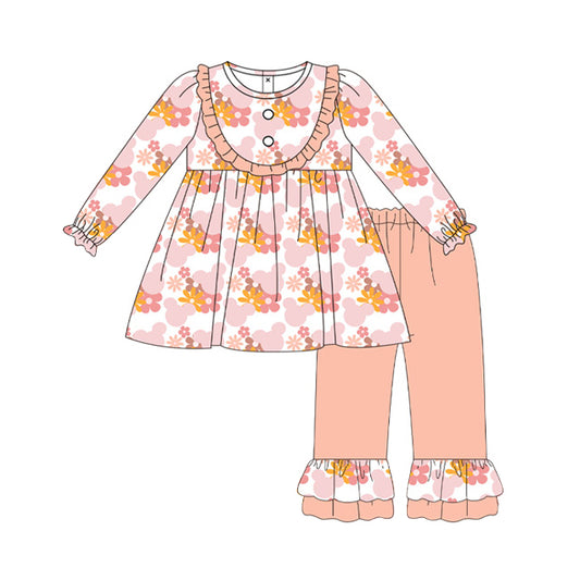 NO MOQ sales GLP1632 pre-order baby girls clothes floral pink long Sleeve pants Suit -2024.8.12