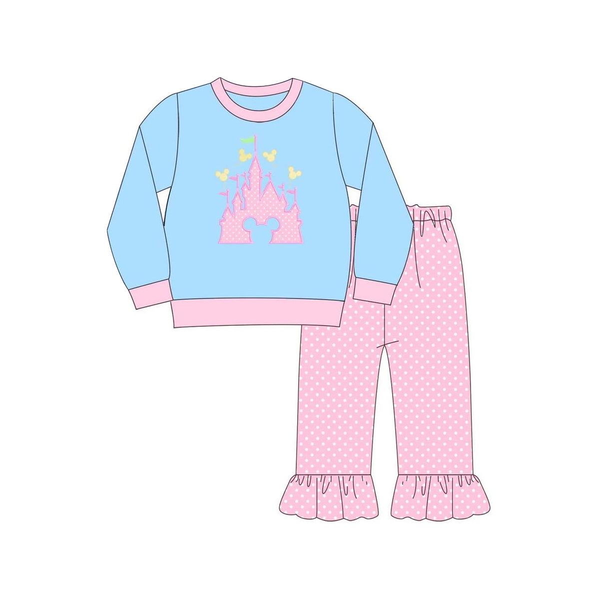 NO MOQ sales GLP1633 pre-order baby girls clothes castle pink and blue long Sleeve pants Suit -2024.8.12