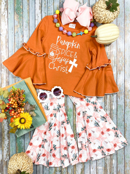 NO MOQ sales GLP1638 pre-order baby girls clothes pumpkin floral orange long Sleeve pants Suit -2024.8.12