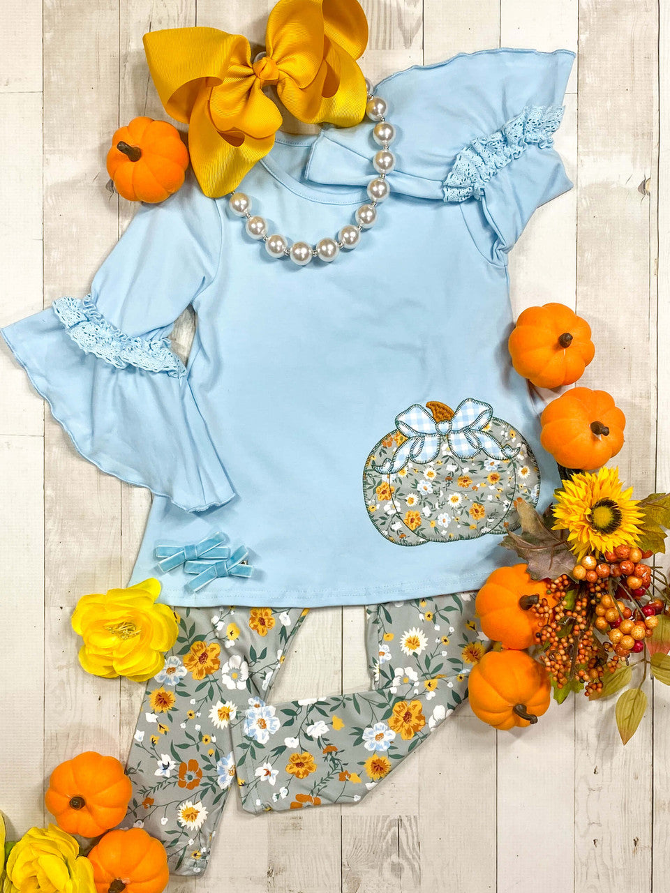 NO MOQ sales GLP1639 pre-order baby girls clothes embroidery pumpkin floral blue long Sleeve pants Suit