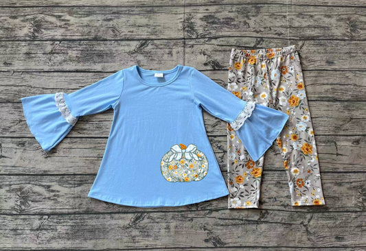 NO MOQ sales GLP1639 pre-order baby girls clothes embroidery pumpkin floral blue long Sleeve pants Suit