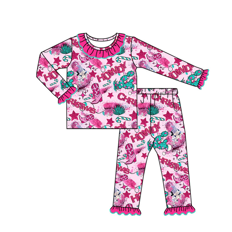 NO MOQ sales GLP1644 pre-order baby girls clothes howdy boots rose red long Sleeve pants Suit -2024.8.12