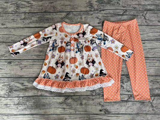 NO MOQ sales GLP1651 pre-order baby girls clothes cartoon dog pumpkin orange long Sleeve pants Suit