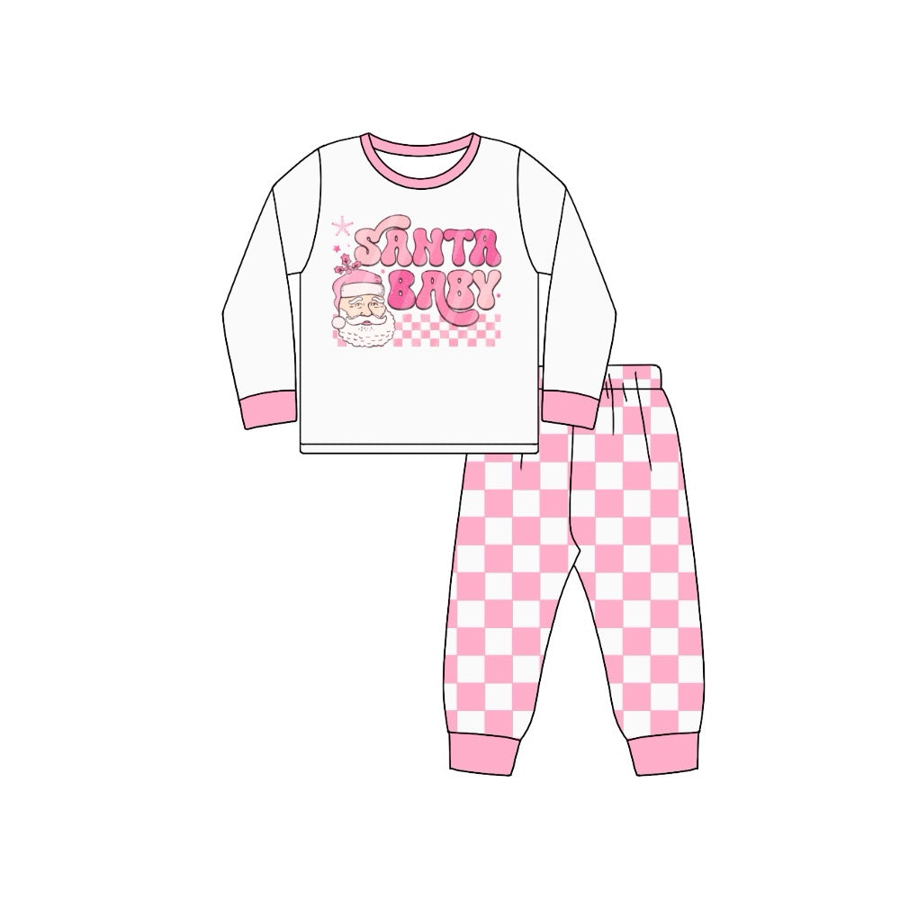 NO MOQ sales GLP1660 pre-order baby girls clothes Christmas pink and white plaid long Sleeve pants Suit -2024.8.13