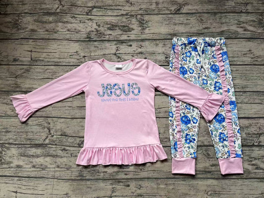 NO MOQ sales GLP1670 pre-order baby girls clothes jesus pink long Sleeve pants Suit