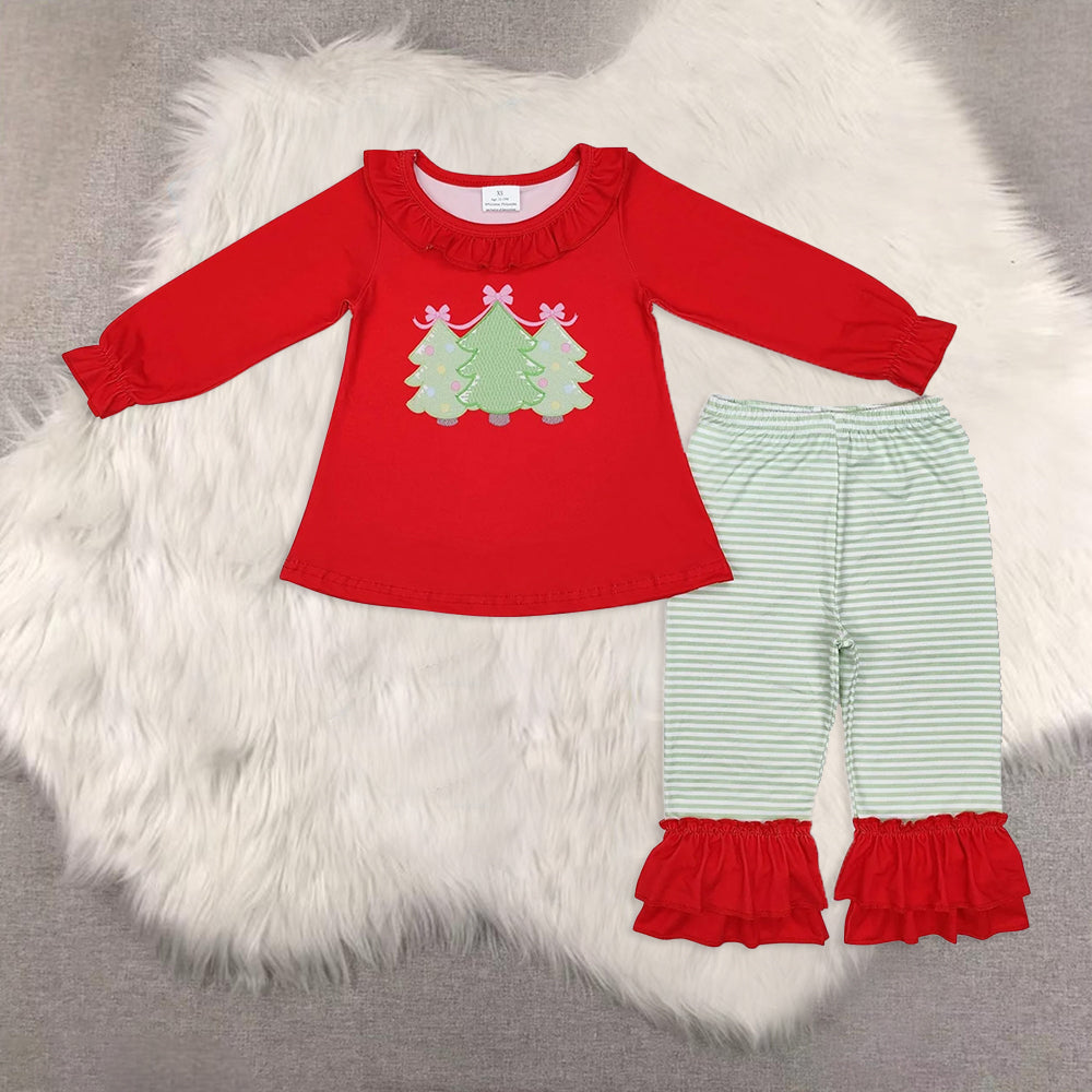 RTS NO MOQ Sibling Baby Girls Christmas trees red long-sleeved trousers suit & rompes