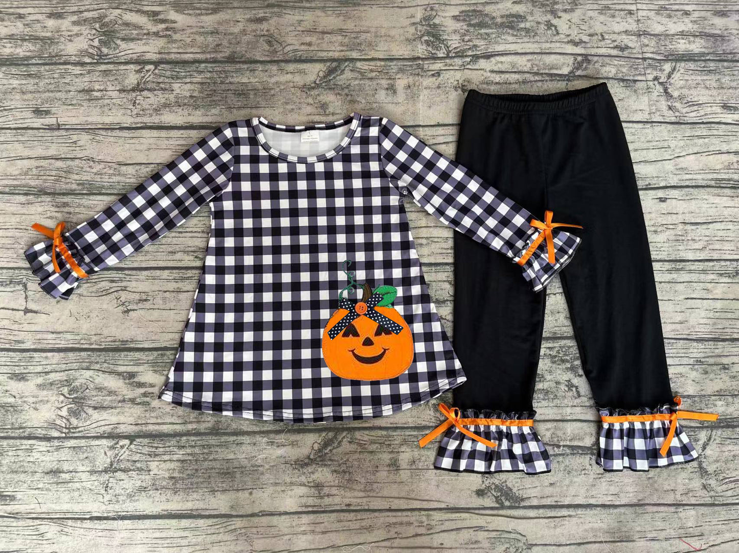 NO MOQ sales GLP1674 pre-order baby girls clothes embroidery pumpkin plaid long Sleeve pants Suit