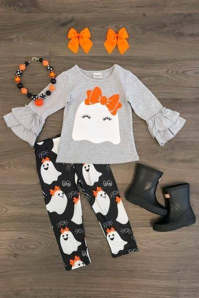 NO MOQ sales GLP1675 pre-order baby girls clothes pumpkin ghost long Sleeve pants Suit -2024.7.25