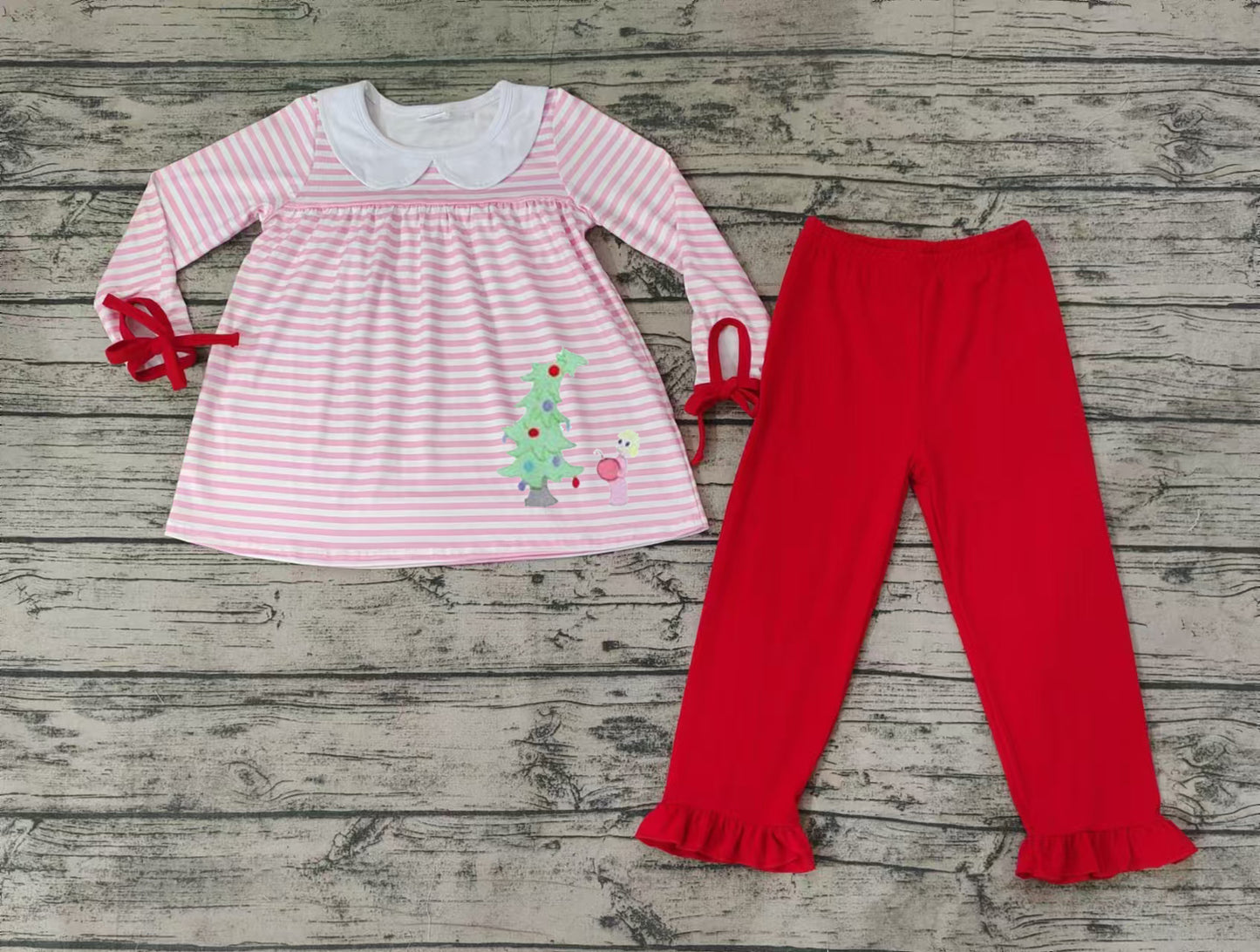 RTS NO MOQ GLP1677 pre-order baby girls clothes embroidery Christmas trees puppy pink long Sleeve red pants Suit