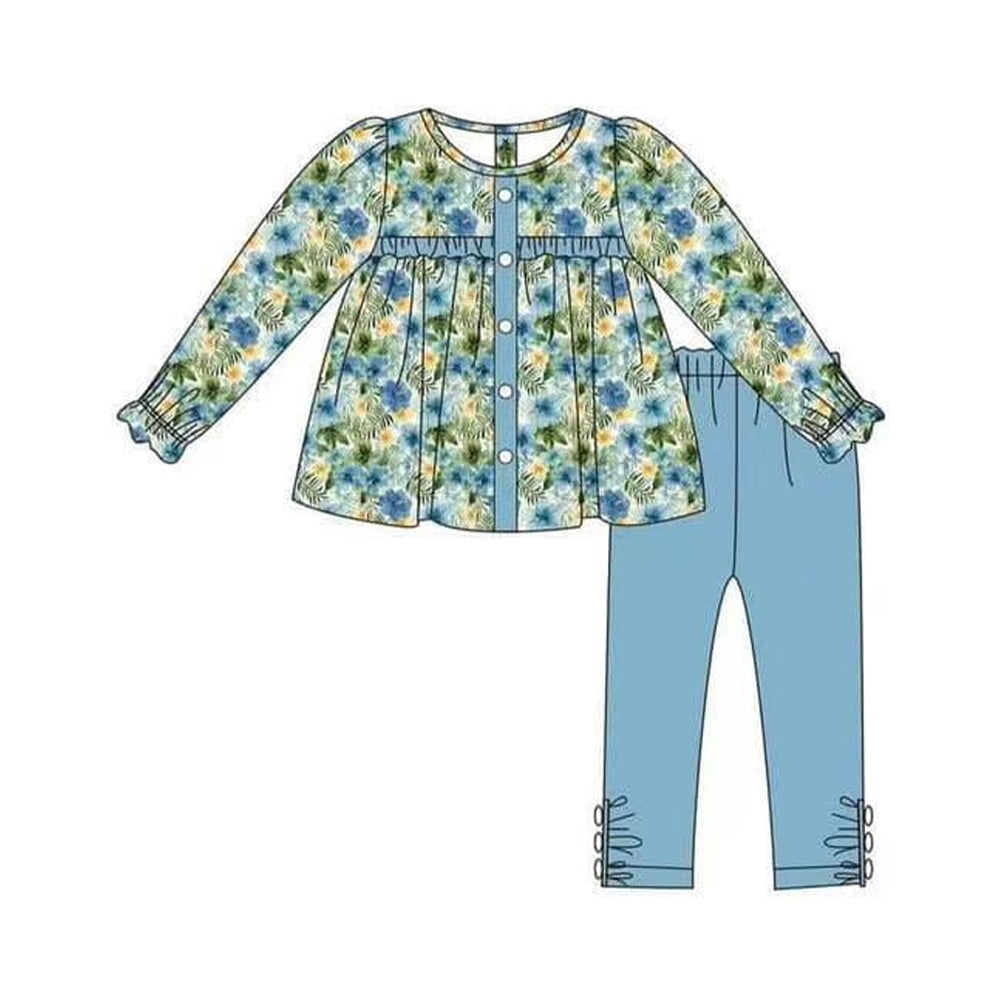 NO MOQ sales GLP1679 pre-order baby girls clothes floral haze blue long Sleeve pants Suit -2024.7.25