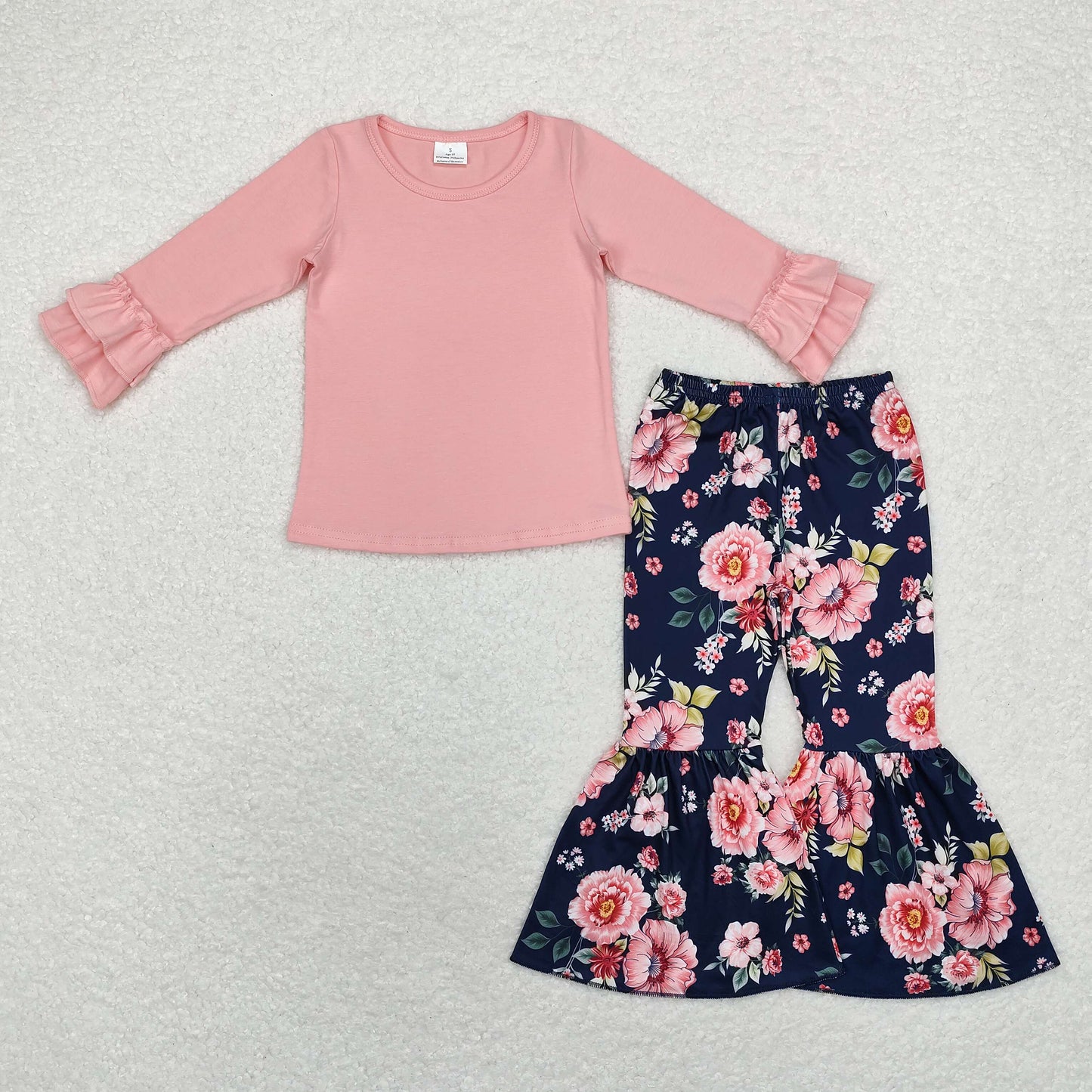 rts no moq GLP1684 Pure pink lace long-sleeved top with floral navy blue flared trousers set