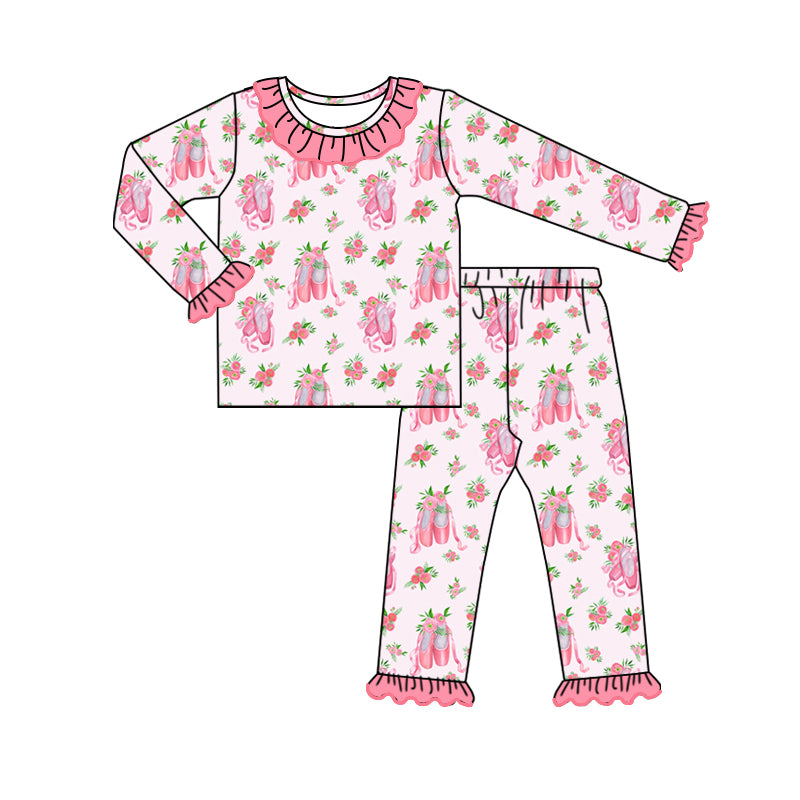 NO MOQ sales GLP1698 pre-order baby girls clothes ballet shoes floral pink long Sleeve pants Suit -2024.7.29