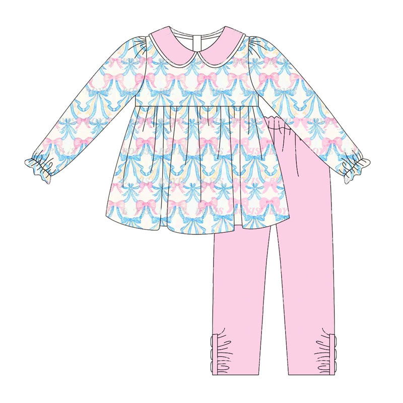 NO MOQ sales GLP1704 pre-order baby girls clothes bow pink long Sleeve pants Suit -2024.7.29