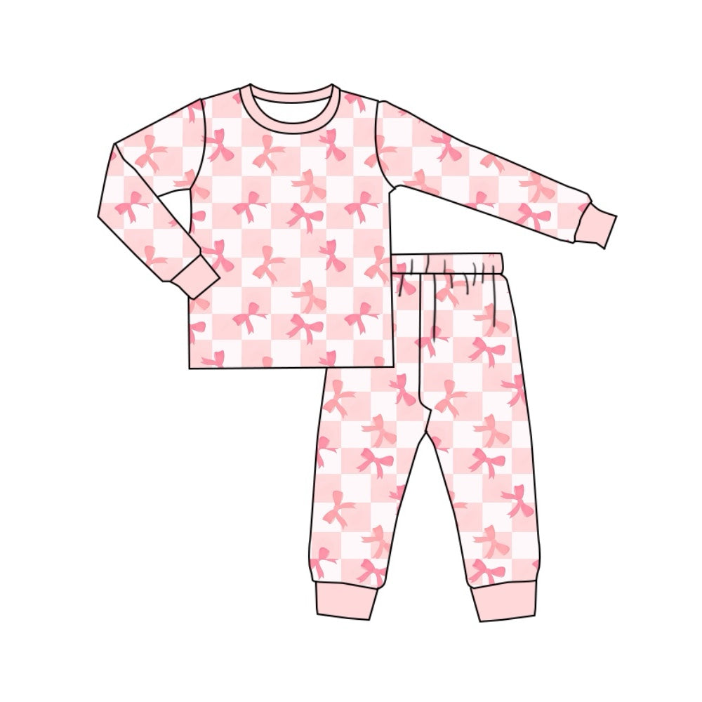 NO MOQ sales GLP1709 pre-order baby girls clothes bow pink long Sleeve pants Suit -2024.7.30