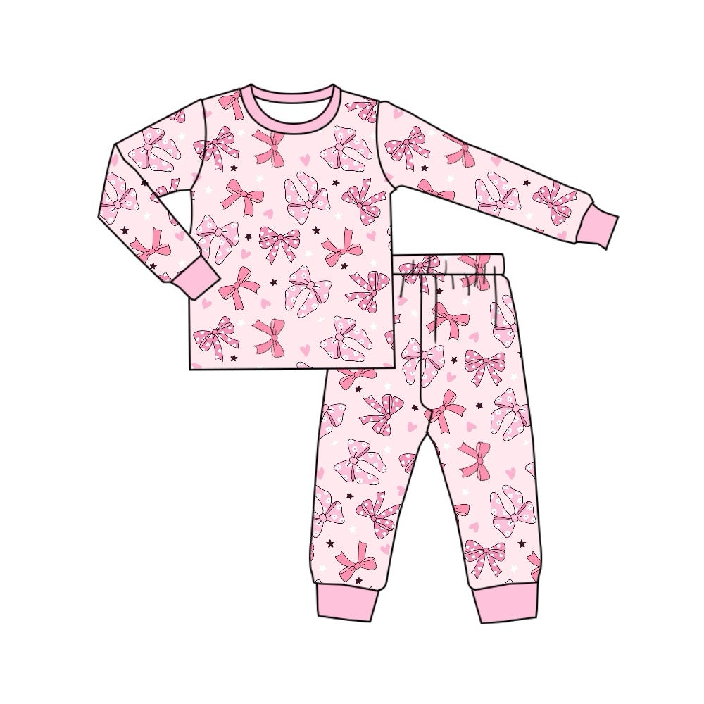 NO MOQ sales GLP1710 pre-order baby girls clothes bow pink long Sleeve pants Suit -2024.7.30