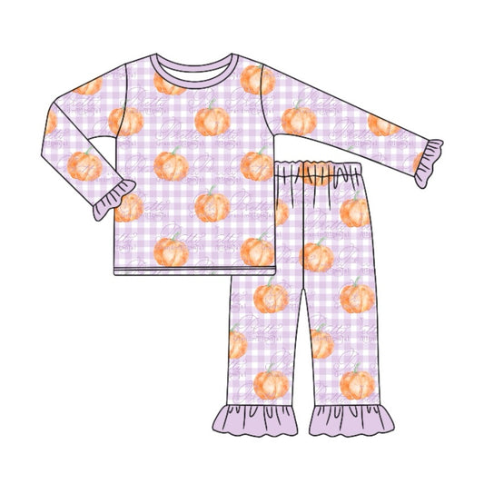 NO MOQ sales GLP1713 pre-order baby girls clothes pumpkin purple long Sleeve pants Suit -2024.7.30