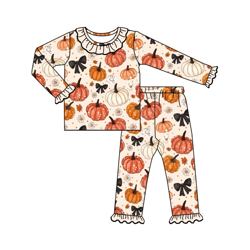 NO MOQ sales GLP1714 pre-order baby girls clothes pumpkin orange long Sleeve pants Suit -2024.7.30