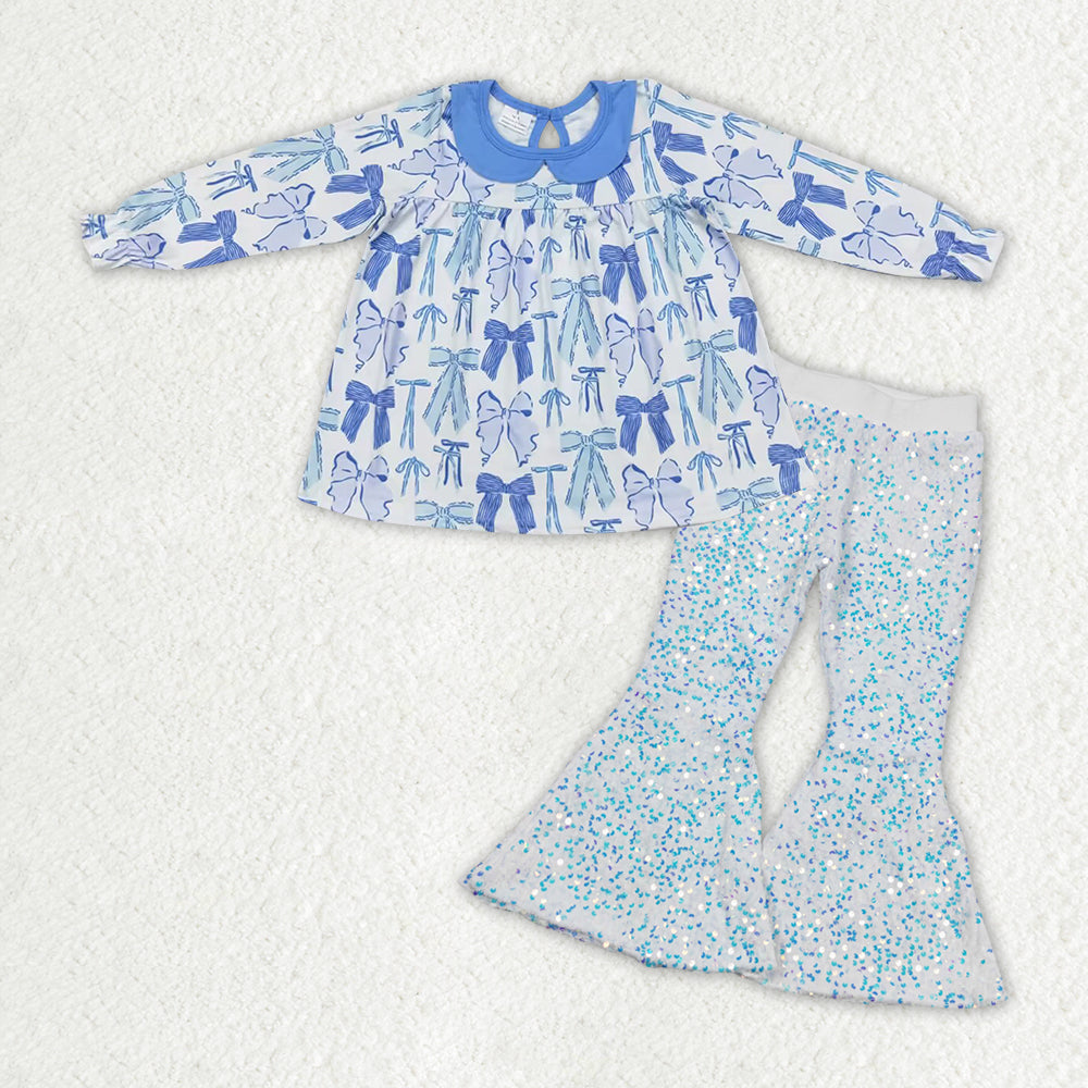 rts no moq GT0666+C16-20 baby girls clothes sky blue cow Patterned long sleeve top white sequined bell bottoms sets