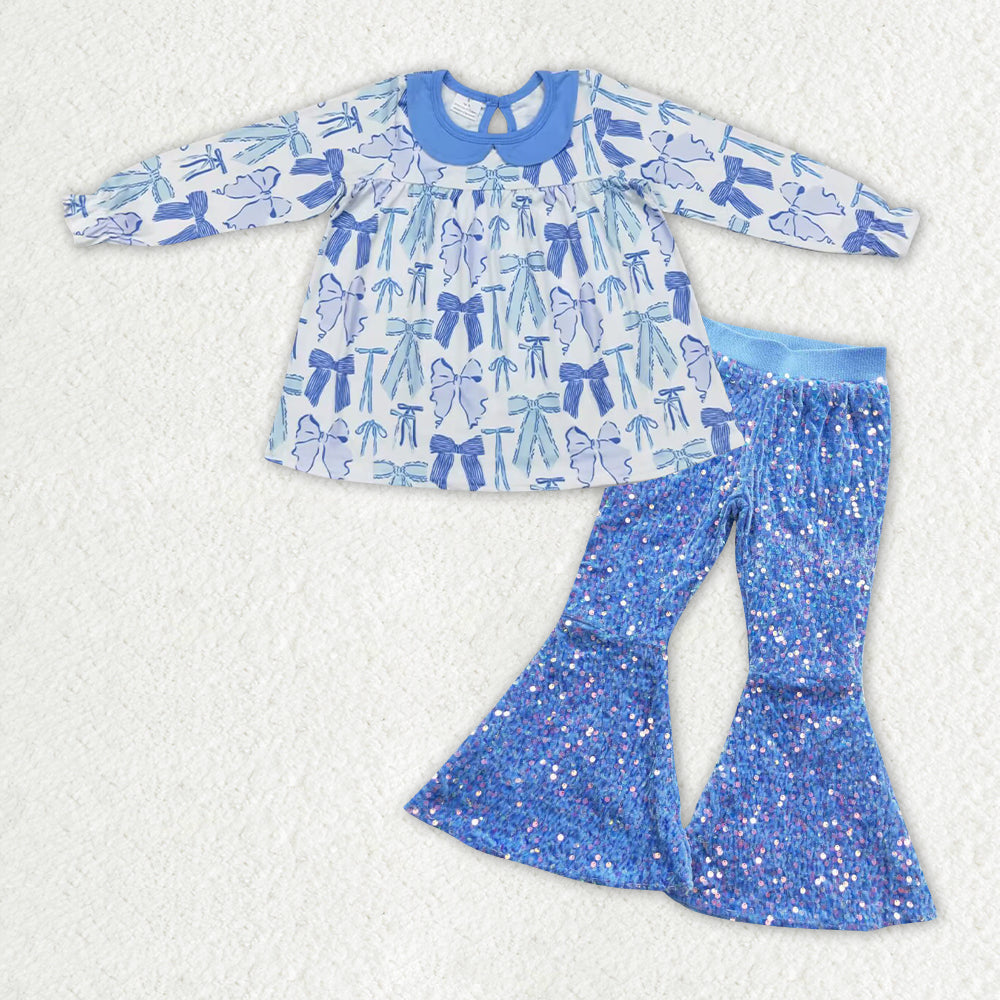 rts no moq GT0666+P0111 baby girls clothes sky blue cow Patterned long sleeve top sequined bell bottoms sets