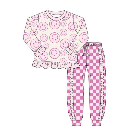 NO MOQ sales GLP1722 pre-order baby girls clothes smiley pink long Sleeve plaid pants Suit -2024.8.1