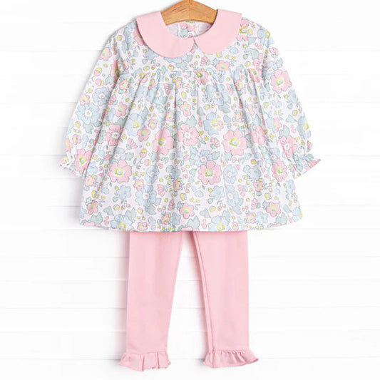 NO MOQ sales GLP1723 pre-order baby girls clothes floral pink long Sleeve pants Suit -2024.8.1