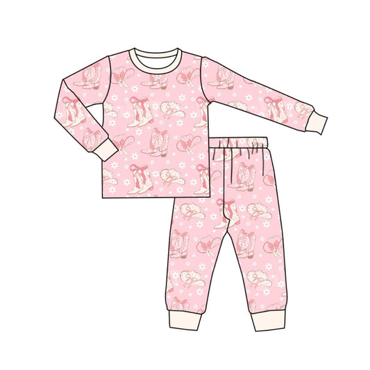 NO MOQ sales GLP1726 pre-order baby girls clothes boots hats pink long Sleeve plaid pants Suit -2024.8.1