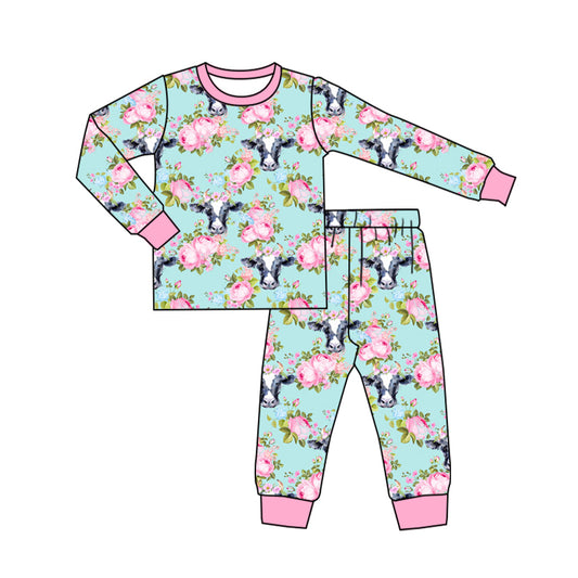 NO MOQ sales GLP1736 pre-order baby girls clothes cow head floral pink long Sleeve pants Suit -2024.8.3