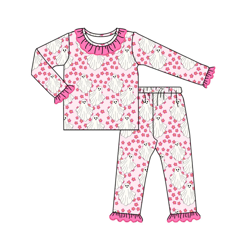 NO MOQ sales GLP1737 pre-order baby girls clothes ghost floral pink long Sleeve pants Suit -2024.8.3