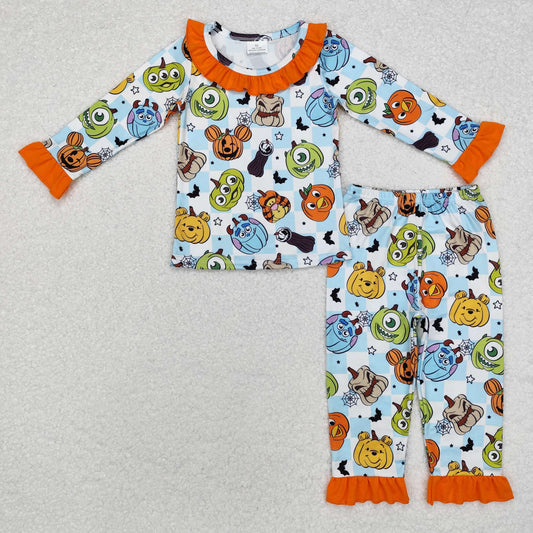 RTS NO MOQ ETA 5/7days GLP1738 Halloween Monsters University Orange Lace Blue and White Plaid Long Sleeve Pants Pajama Set