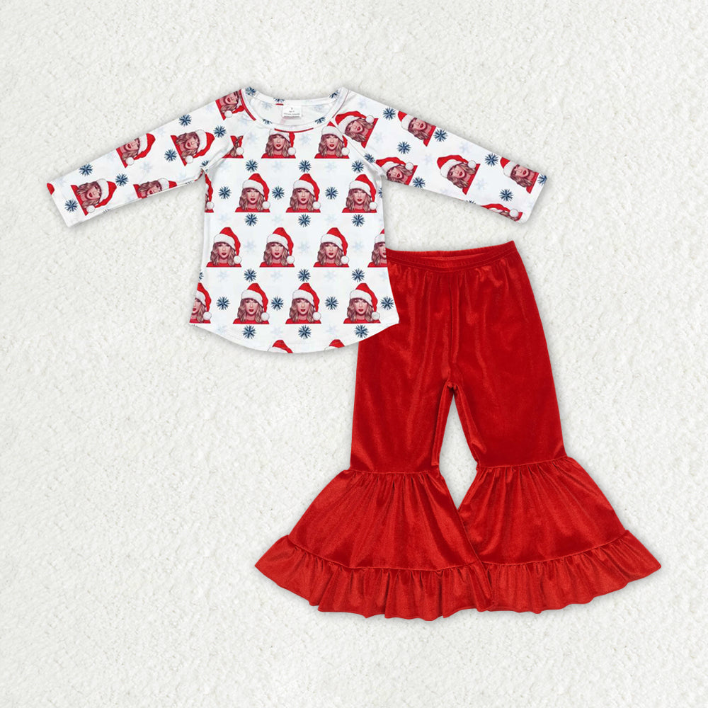 rts no moq GT0694+P0417 Taylor Christmas snowflake white short-sleeved top Red lace pants sets