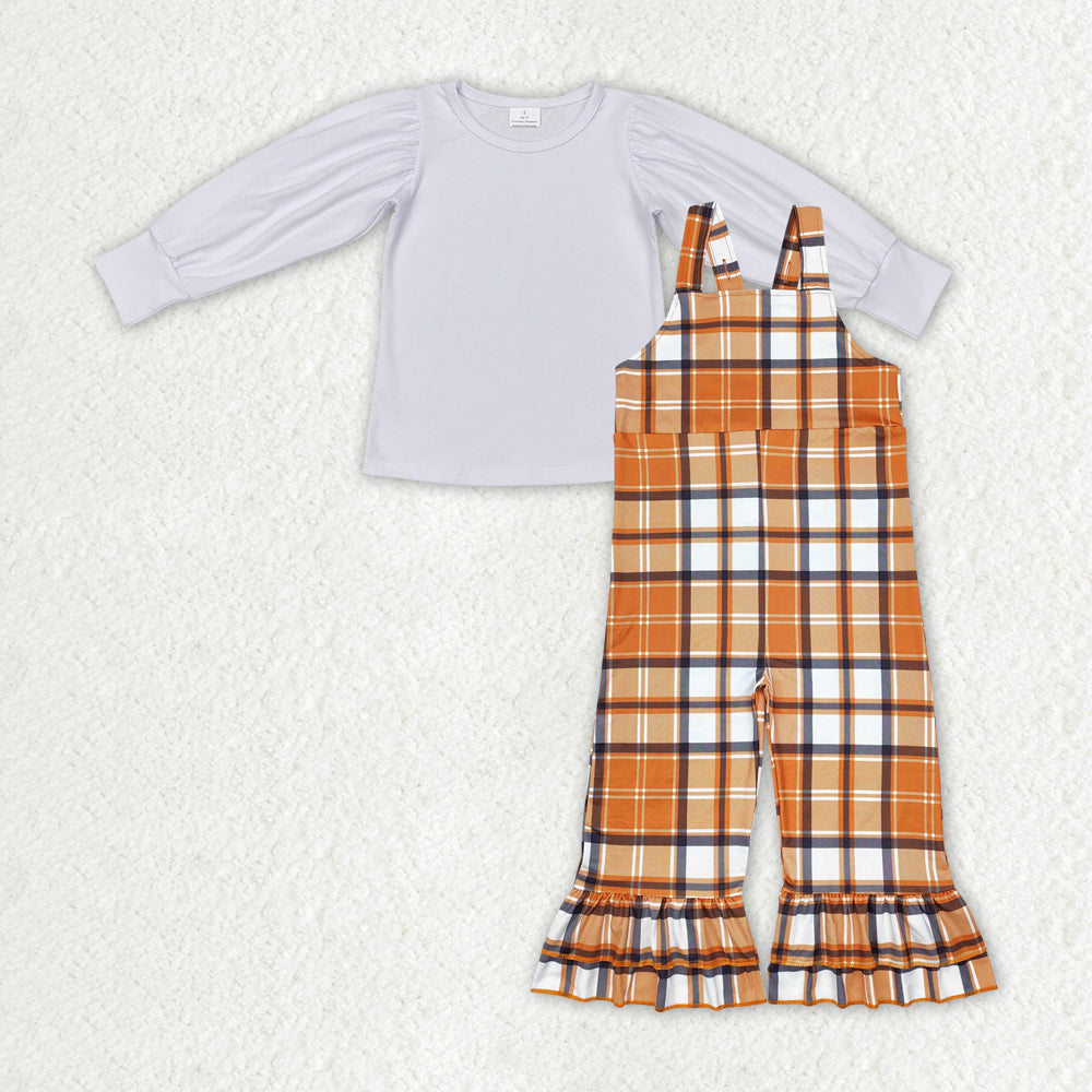 rts no moq GT0370+SR1953 White long-sleeved top Orange plaid suspender jumpsuit sets