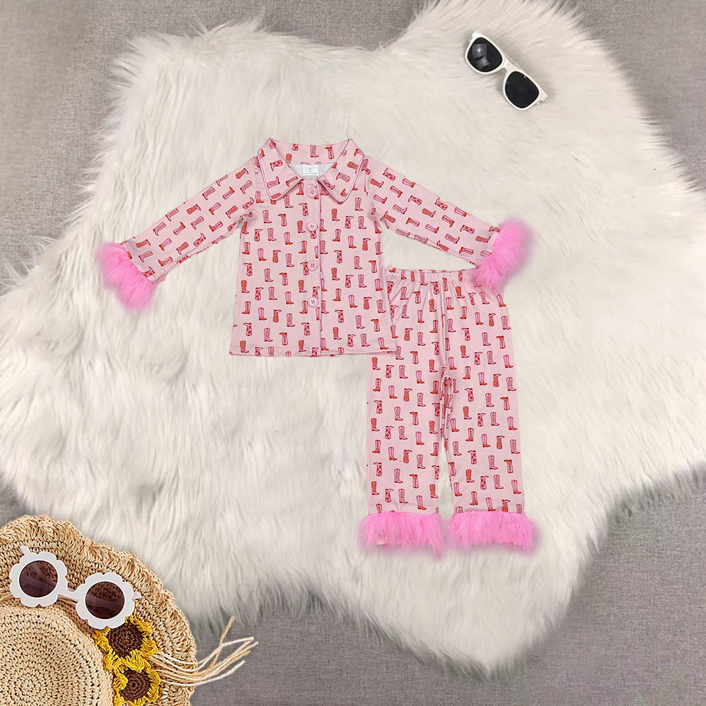 RTS NO MOQ Sibling Baby Girls Christmas Pink Plush Button Long Sleeve Long Pants Pajama Set