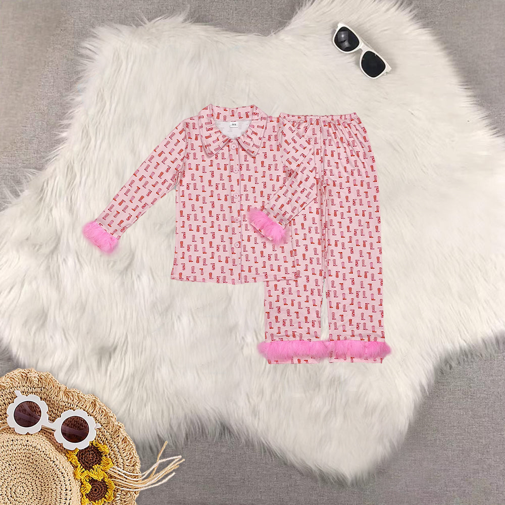 RTS NO MOQ Sibling adults women Christmas Pink Plush Button Long Sleeve Long Pants Pajama Sets