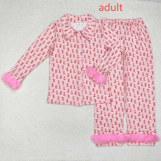 RTS NO MOQ ETA 5/7days Arrived GLP1869 Adult female boots pink plush edge long sleeve long pants pajamas set