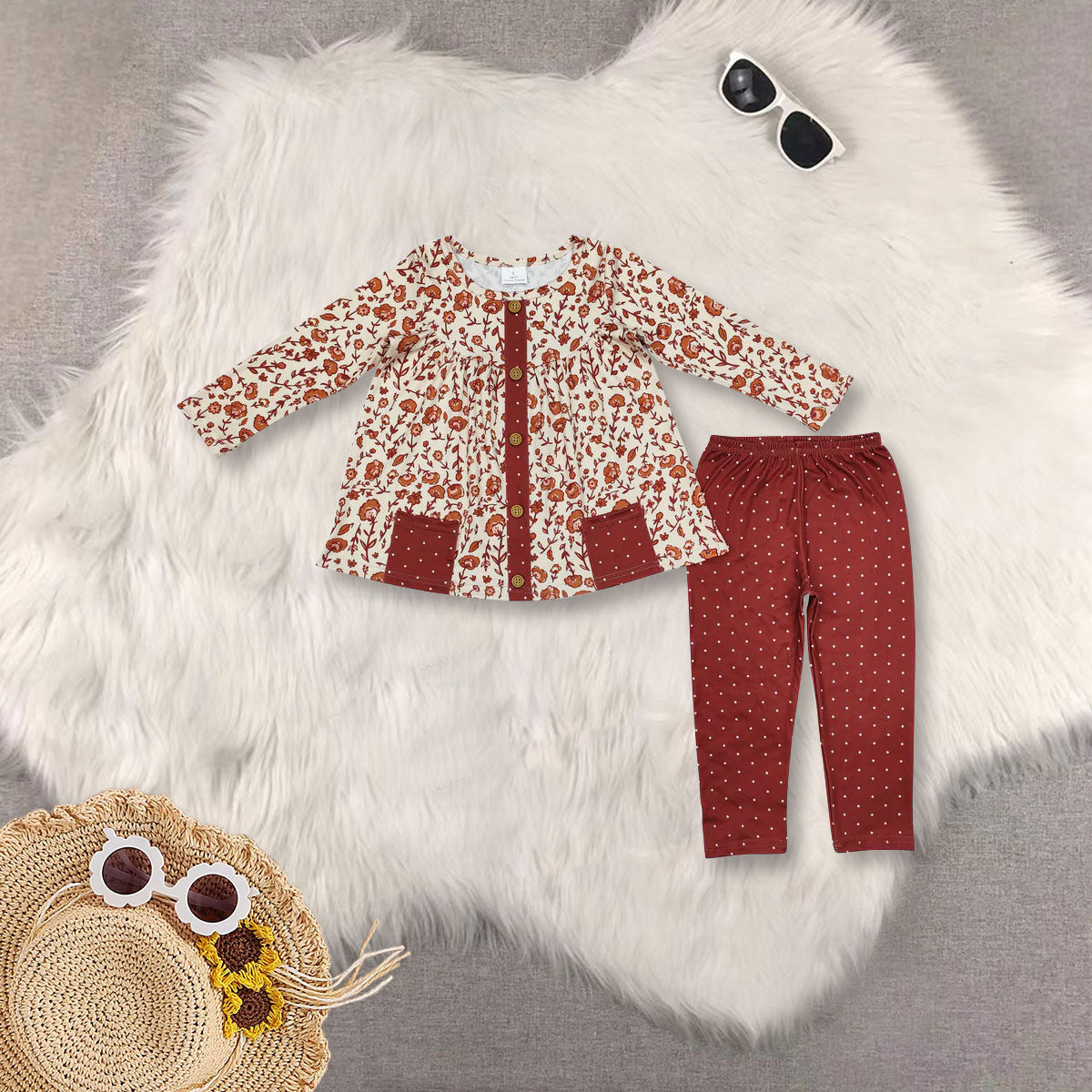 RTS NO MOQ Sibling baby girl clothes long-sleeved pink and white striped trouser suit with flower pockets