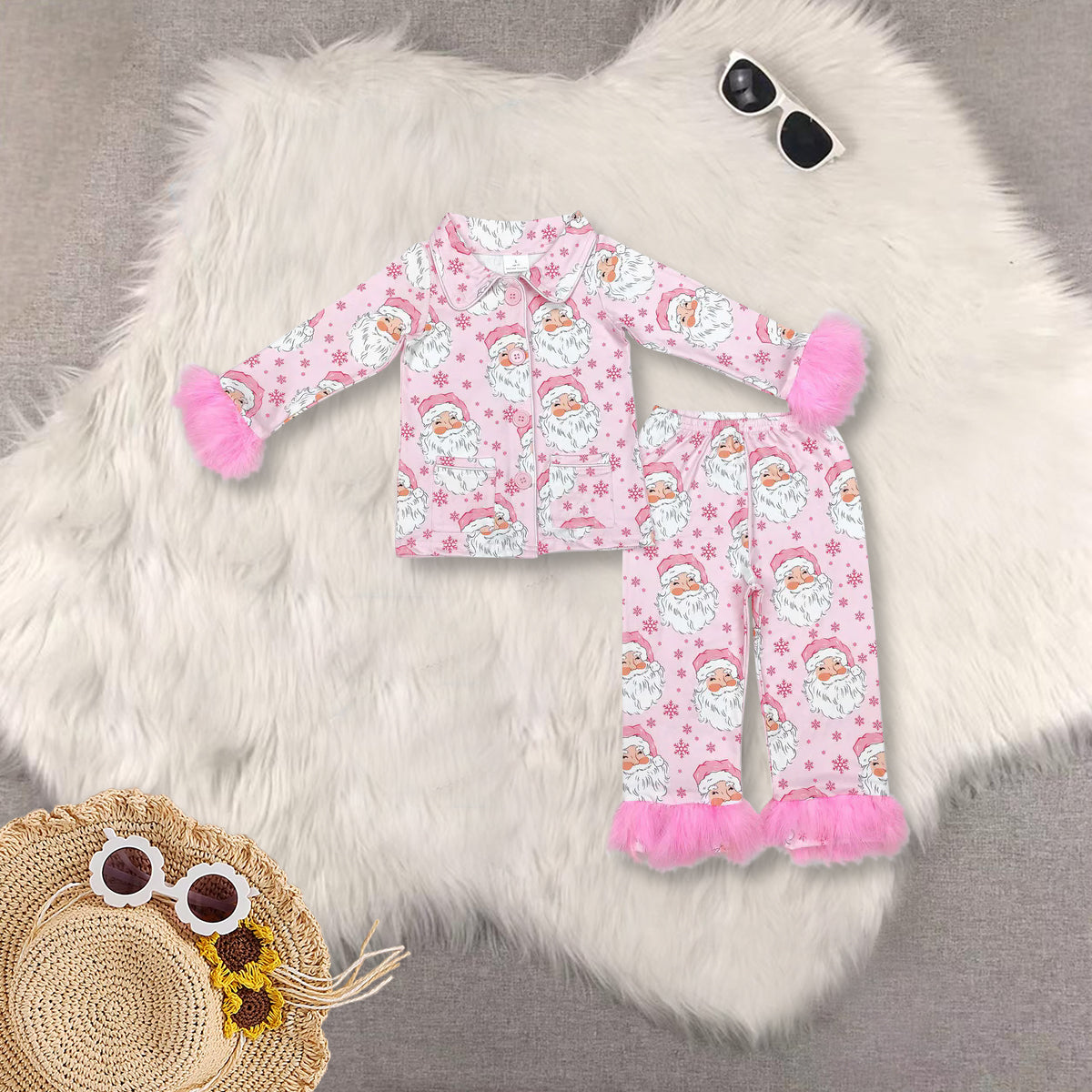 RTS NO MOQ Sibling Baby Girls clothes Christmas Plush Button Long Sleeve Long Pants Pajama Sets
