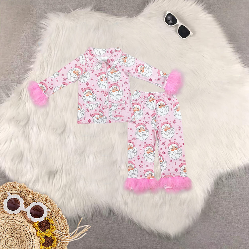 RTS NO MOQ Sibling Baby Girls and adults women Christmas Striped Candy Cane-Candy Pink Plush Button Long Sleeve Long Pants Pajama Set