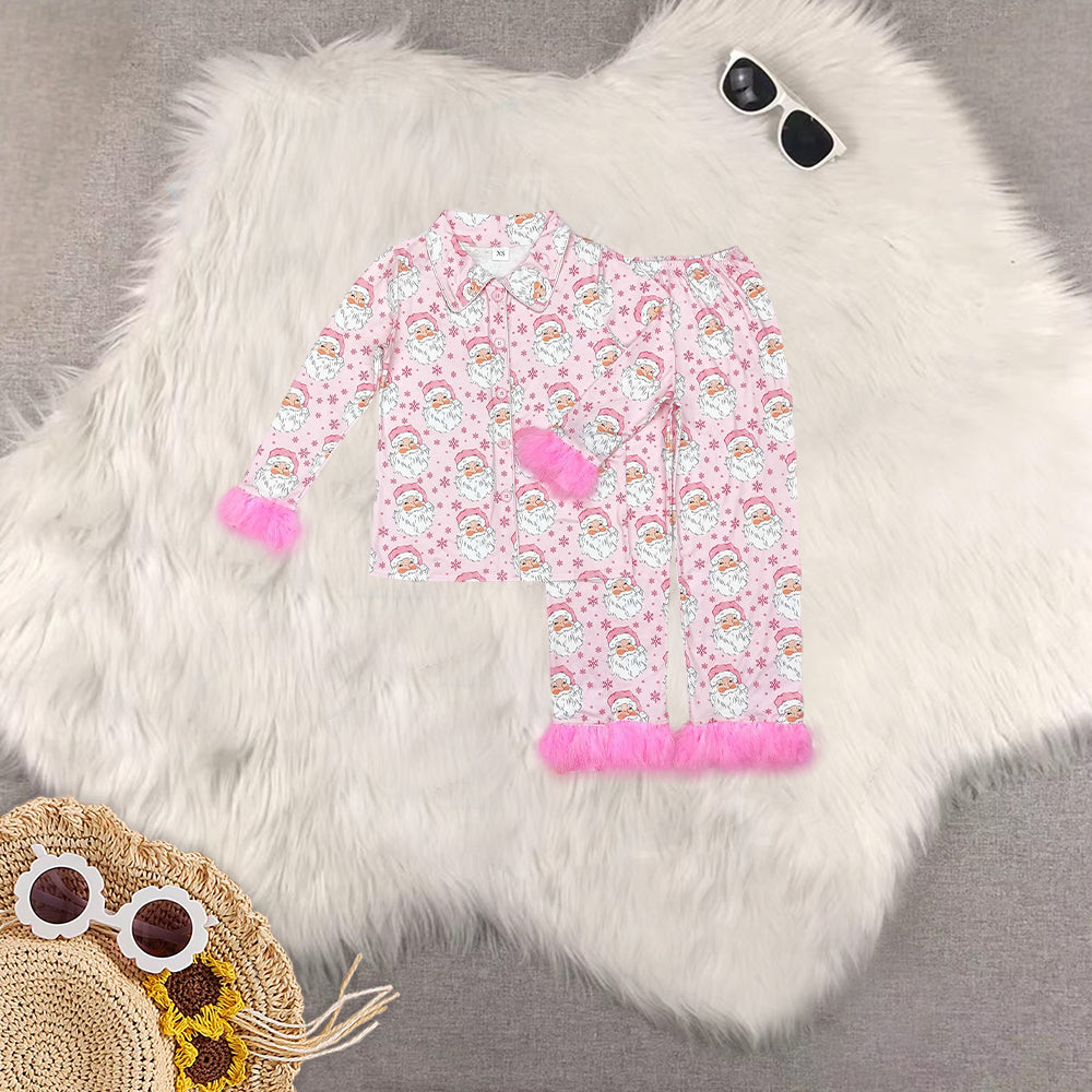 RTS NO MOQ Sibling adults women Christmas Pink Plush Button Long Sleeve Long Pants Pajama Sets